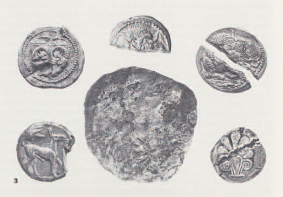 Cake ingot of silver and mutilated coins from Egyptian hoards of Archaic date. Around the ingot, clockwise from lower left: tetradrachm of Mende, tridrachm of Delphi, halved tetradrachms of Acanthus, stater of an uncertain Carian mint. All material in the collection of the American Numismatic Society.