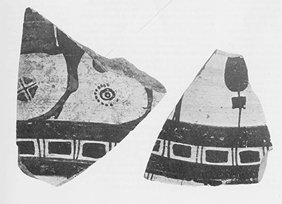 Sherds of "Early Fikellura," a Lydian imitation of an East Greek painting style ca. 625-575 B.C. Gordion inventory P 4416a and b. Height: left, 5 cm. right, 4.8 cm.  