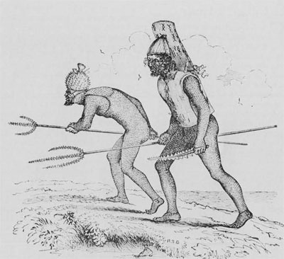 Warriors of Tabiteuea, in the Gilbert Islands, with weapons edged with rows of shark's teeth and protective armor made of coconut fiber. The netted jackets and overalls were actually loose and baggy, and the ovceralls continued over the tops of the feet. (Engraving based on a drawing by A.T. Agate for the United States Exploring Expedition Vol. 5 [1894], p.48)