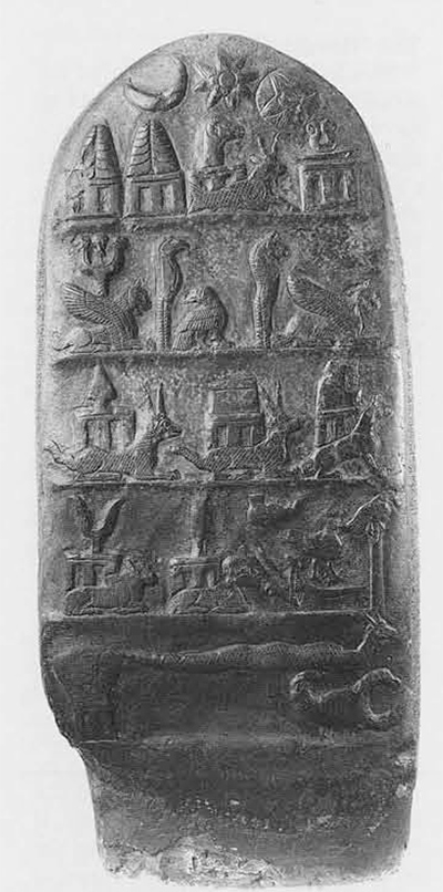 A boundary stone with five registers of religious scenes.