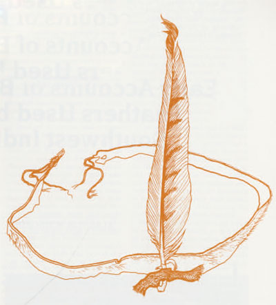 Drawing of a headband with a single feather attached vertically.