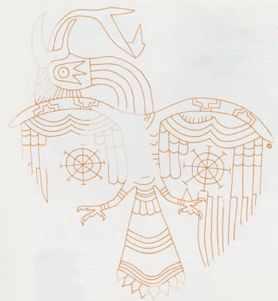 Drawing of a Mississippian bird with geometric designs in it, head cocked to the left, wings spread.