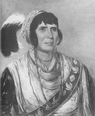 Portrait of a person in a combination of European and Native American dress.