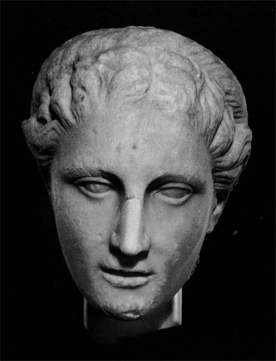 Fig. 1. Colossal head of a goddess: the Hope head, front view. Note asymmetrical arrangement of the hair part and the facial features.Museum Object Number: 30-7-1