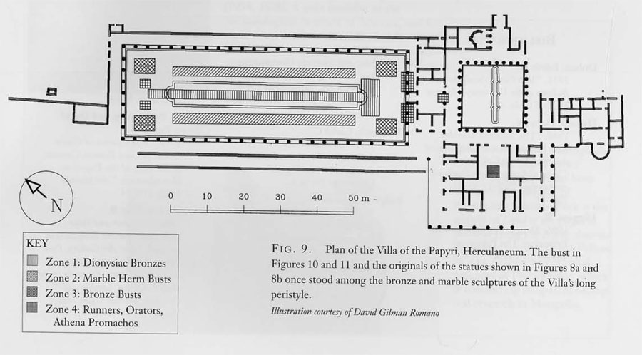 Fig. 9. Plan of the Villa of the Papyri, Herculaneum. The bust in Figures 10 and 11 and the originals of the statues shown in Figures 8A and 8B once stood among the bronze marble sculptures of the Villa;s long peristyle.Illustration by David Gilman Romano