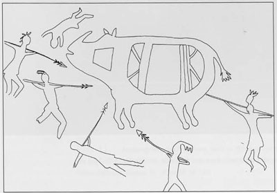 Drawing of a cave painting of people hunting and surrounding a rhino with spears.