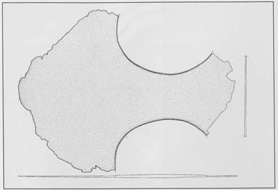 Drawing of the front, side, and top of a double-axe head.