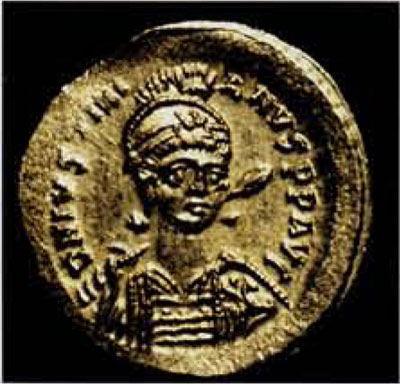 Fig 1. Justinian I. Gold Solidus of Justinian I in limitary garb with a spear over his right shoulder.Byzantine Collection, Dumbarton Oaks, Washington D.C, 48.17.1384