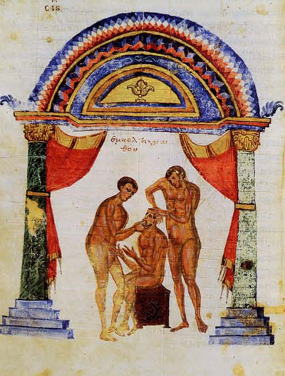 Fig. 7. Resetting Dislocated Mandible (Lower Jaw). Biblioteca Medicea Laurenziana, Florence, Codex Laurentianus 74.7:c. 198v