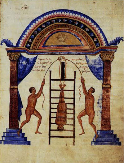 Fig 9. Attempted Resetting of the Dislocated Bones of the spinal column. The patient is firmly secured, and the physician and assistant use a pulley to exert a pull opposite to the force of gravity.Biblioteca Medicea Laurenziana, Florence, Codex Laurentianus 74.7:c. 200