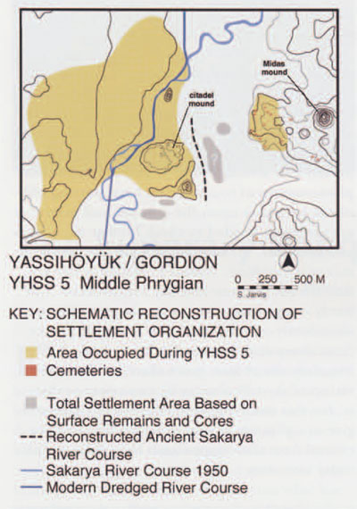 A map of occupation at the site of Gordion during the Middle Phyrgian period shows that a large settlement was established beyond the citadel mound. Courtesy of Mary Voigt