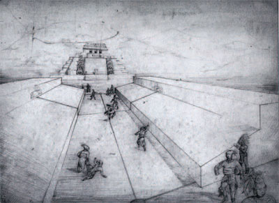 "Preliminary Sketch for Ball-Court; Piedras Negras Structures K-6 and K-5." Pencil drawing by Taitiana Proskouriakoff, ca. 1939. UPM Archives, Piedras Negras Expedition Records"