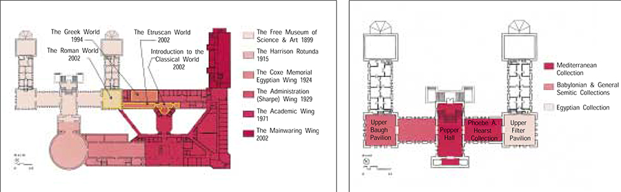 (Top Left) Plan of the University of Pennsylvania Museum showing building phases of the Mediterranean Section galleries; (Top Right) Plan of the third floor showing the arrangement of galleries and collections with 1899 gallery identifications. 