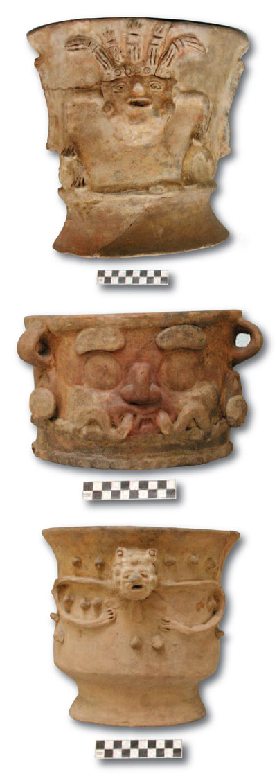 highly skilled, specialized artisans. Top, the anthropomorphic figures represented on the Burkitt censers fre- quently lack visible torsos. These figures tend to have thin, contorted limbs and open, protruding mouths. UPM # NA 11441; 28 cm tall. Middle, many of the faces portrayed on Maya censers exhibit a mixture of human and nonhu- man features. This particular face has a human nose, ears, and eyebrows, but nonhuman eyes, mouth, and teeth. This censer contained a stone ax head and a flint spear head. UPM # NA 11540; 15.8 cm tall. Bottom, some of the Burkitt censers were hastily made. The potter who formed this vessel appears to have spent little time on the figure’s arms and hands. UPM # NA 11444; 20.9 cm tall.