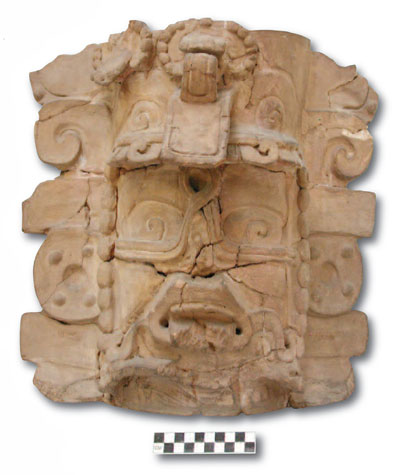 Many censers, including this one from Chama, display images of the Jaguar God of the Underworld. Notice the distinctive “cruller” that twists over the bridge of its nose and the spiral-shaped “deity” eyes. UPM # NA 11235; 36.5 cm tall.