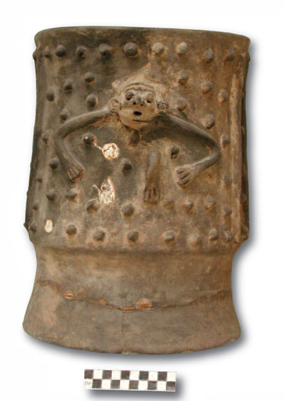 The most prominent decorative technique among the Burkitt censers is the attachment of appliqué—shaped pieces of clay attached to the surface of the vessel. Notice that one of the pieces of appliqué—the figure’s right leg—has fallen off. UPM # NA11443; 30.4 cm tall.