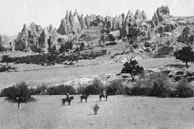 Haynes was fascinated by the eroded volcanic landscape of Cappadocia and its mysterious settlements, which he photographed repeatedly. Here his traveling companions pose on horseback in the fields north of Göreme. Photo by J.H. Haynes, 1884. UPM Image #174585.
