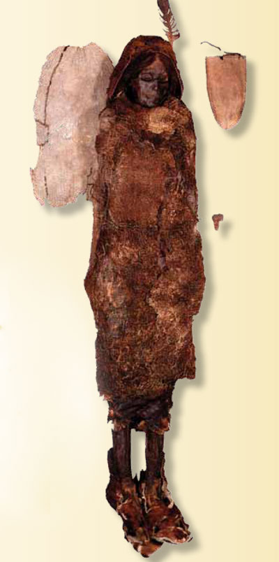 Mummified remains in a long clock with a feather on the hood, items found with it displayed around it.