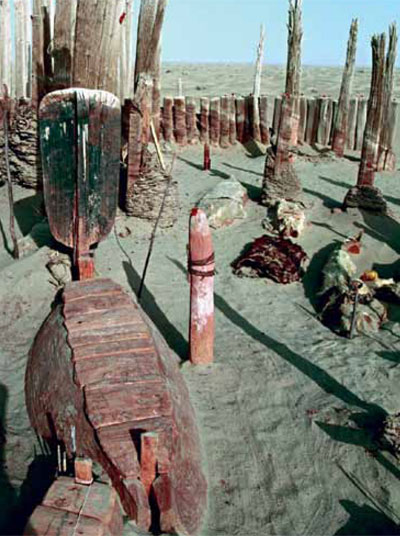 Excavated cemetary with overturned boat-shaped coffins amongst wooden posts.