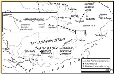 Map of the area around the Tarim Basin and Taklamakan Desert with archaeological sites marked.