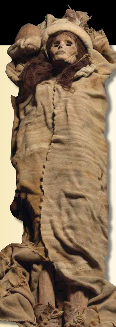 Mummified remains wrapped in a thick blanket.