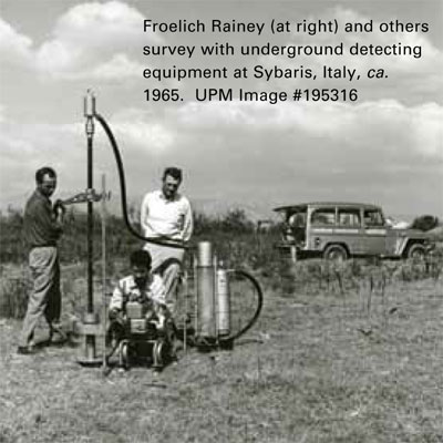 Froelich Rainey (at right) and others survey with underground detecting equipment at Sybaris, Italy, ca. 1965.Penn Museum Image: 195316