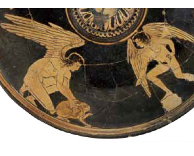 Pottery depicting two angels with a hare.