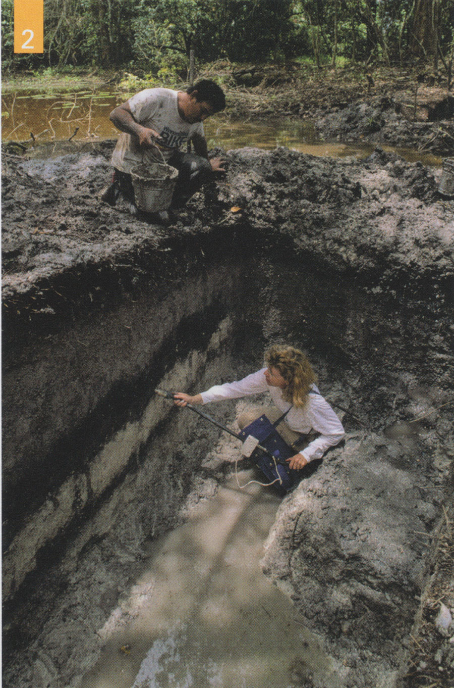 Two people examing layers of earth in a rectangular pit.