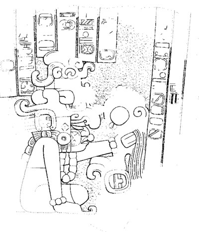 Drawing of a depiction of a ruler and inscription found on a monument.