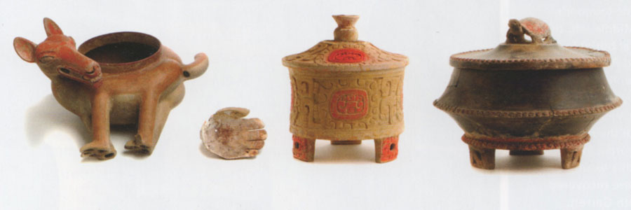 Three offering vessels, one in the shape of a deer on its side, the other two tripod pots.