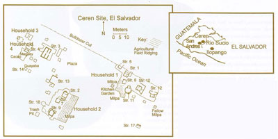 Diagram of the Ceren Site showing the location of households, fields, and the bulldozer cut, and a map showing the Ceren site near other sites in Guatemala.