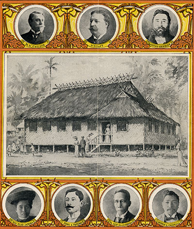 Building in the Philippine reservation at the Louisiana Purchase Exposition, with American organizers of the Exposition William P. Wilson, William H. Taft, Gustav Neiderlein. Courtesy of the St. Louis Public Library.