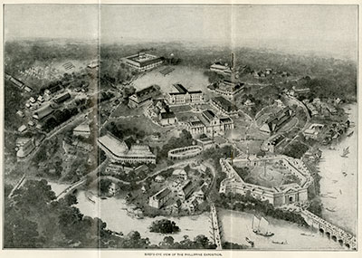 Bird’s-eye view of the Philippine Exposition, with bridge to Walled City in right foreground. Courtesy of Special Collections, Haverford College.