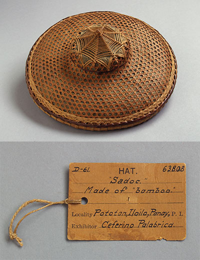 Model sun hat with bamboo rim (UPM object #2003-32-74), with its original label from “Manufactures” (Department D). Photos by Jim Millisky.