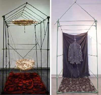 (Left): Mom’s House (2010). 10' x 4' x 8', red felt, weaved umbrella, reed, horsehair, plant stakes. Solo Exhibition, Smithsonian Museum, New York City, New York. (Right):Dad’s House (2010). 4' x 10' x 8', curtains, jacket, horsehair, and plant stakes.