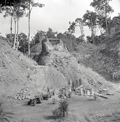 The Temple of the Red Stela, Structure 5D-34, showing the excavation. UPM image #59-17-38. Photo by George Holton.