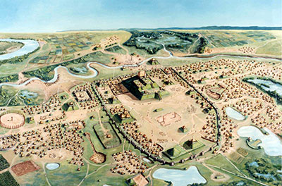 rtist’s interpretation of life at Cahokia, ca. 1150–1200 CE. View is looking northeast across the central precinct. Image courtesy of Cahokia Mounds State Historic Site, rendering by William R. Iseminger.