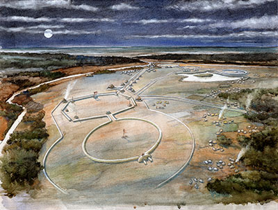 Artist’s interpretation of the Newark earthworks in Heath County, Ohio. The longest causeway at Newark stretches over 2.5 miles (4 km), and the connected circle and octagon in the foreground spans over 3,000 feet (over 900 m). Rendering by Steven N. Patricia.