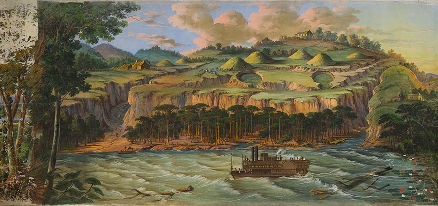Image of the Late Woodland era Feltus mounds in Jefferson County, Mississippi as sketched by Dickeson and painted by John J. Egan ca. 1850. This is one of the 25 panels that make up the “Panorama of the Monumental Grandeur of the Mississippi Valley,” which accompanied Dickeson’s public lectures. Vincas Steponaitis, John O’Hear, and Megan Kassabaum have been actively excavating at Feltus since 2006. By John J. Egan, American (born Ireland), active mid-19th century; “Ferguson Group: The Landing of Gen. Jackson,” scene 18 from the Panorama of the Monumental Grandeur of the Mississippi Valley, ca.1850; distemper on cotton muslin; Saint Louis Art Museum, Eliza McMillan Trust 34:1953.