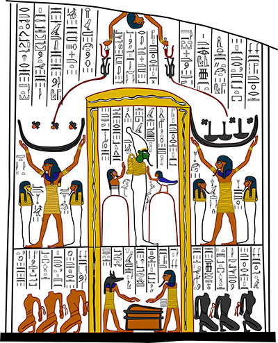 Book of the Earth, tomb of Ramesses VI: The Shrine of Osiris in the Place of Annihilation, where the Damned are inverted, decapitated, exsanguinated, incinerated, and consigned to darkness. Illustration by Joshua A. Roberson.