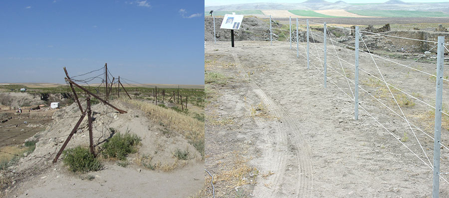 The old rusted fence (left) was replaced recently with a new fencing system and signage (right) along the visitor circuit. Photographs by Elisa Del Bono for the Architectural Conservation Laboratory at Penn.