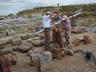 Blocks are treated during conservation. Photograph by Elisa Del Bono, 2015.