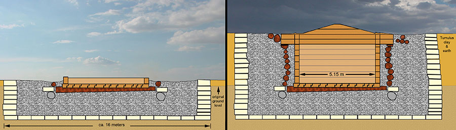 Drawings of the tomb chamber in two stages of construction.