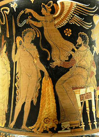 An Apulian red-figure calyx krater (ca. 330–240 BCE) depicts Jason bringing Pelias the Golden Fleece. A winged victory prepares to crown Jason. From the Louvre, Paris.