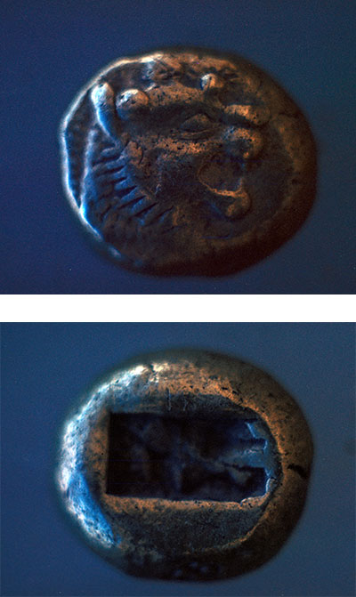 The obverse and reverse of an electrum coin from Gordion, dated to ca. 600 BCE. Images #G- 638, G-639.