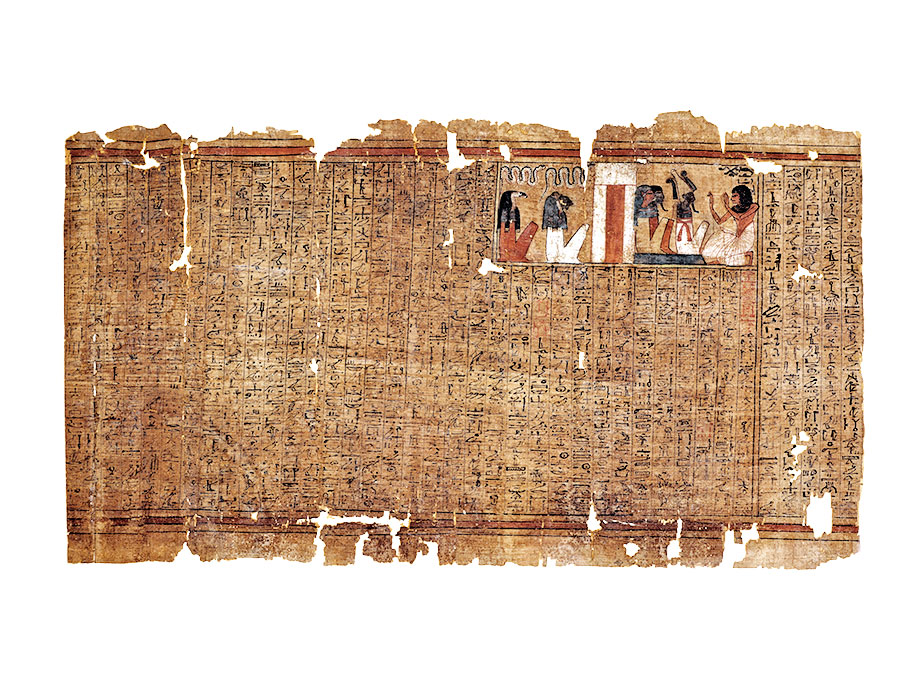 Portion of the Book of the Dead of Neferrenpet, mounted on rice paper. Vignette shows an individual named Pashed kneeling and worshipping Osiris and two other deities before a gate.