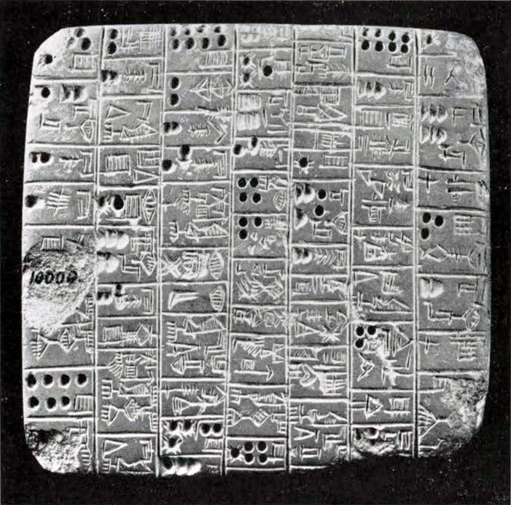 Square stone tablet with inscriptions in lines, with lots of holes