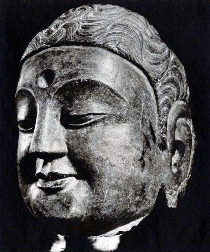 Stone head of a Buddha with wavy hair and an Urna