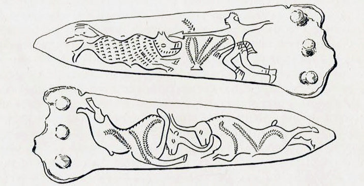 Bronze blade showing a man hunting a boar on one side and a bull fight on the other