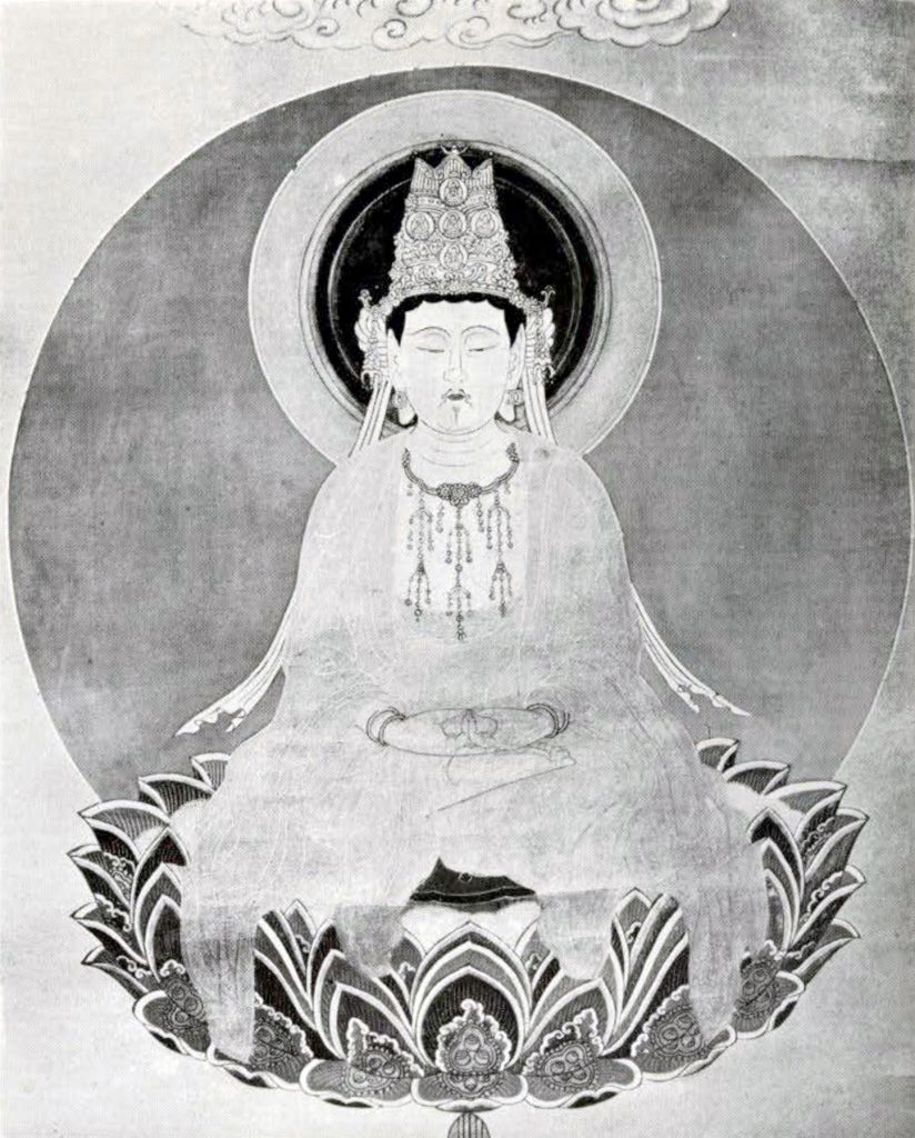 Close up of an illuminated painting on a temple scroll of Maha Vairochana Tathagata, seated on a lotus throne and wearing a tall crown and meditating